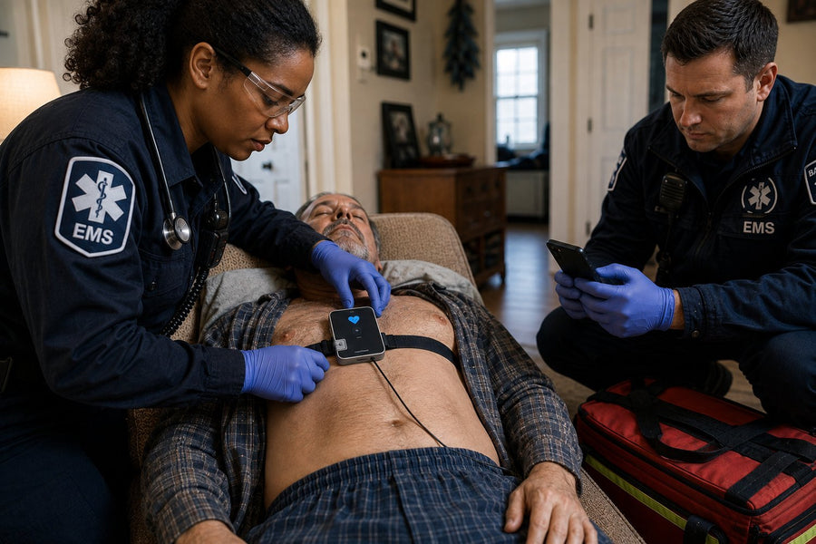EMS responders capturing a 12-lead EKG on a patient at home