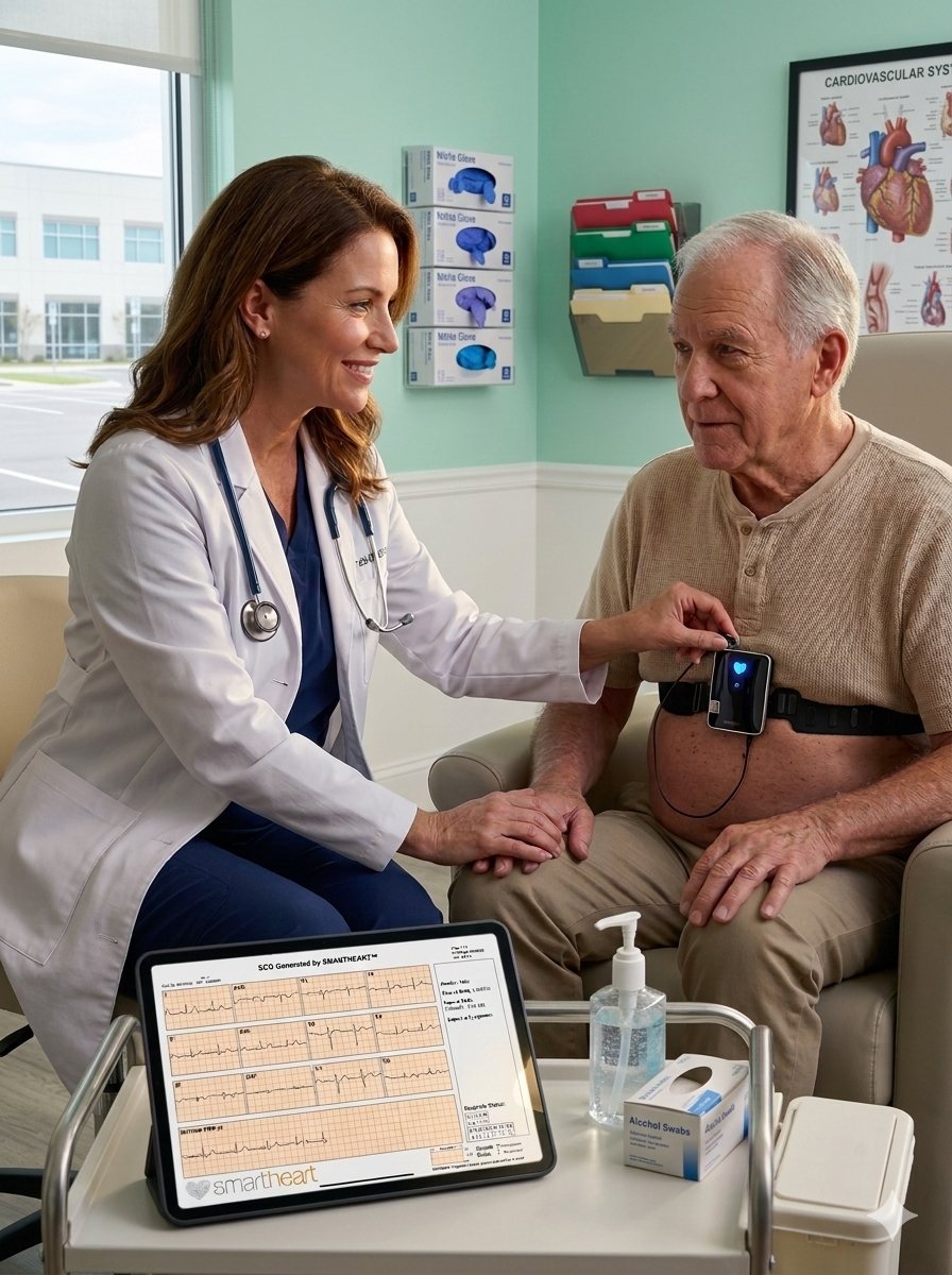 Physician recording a 12-lead EKG on a senior patient in an exam room