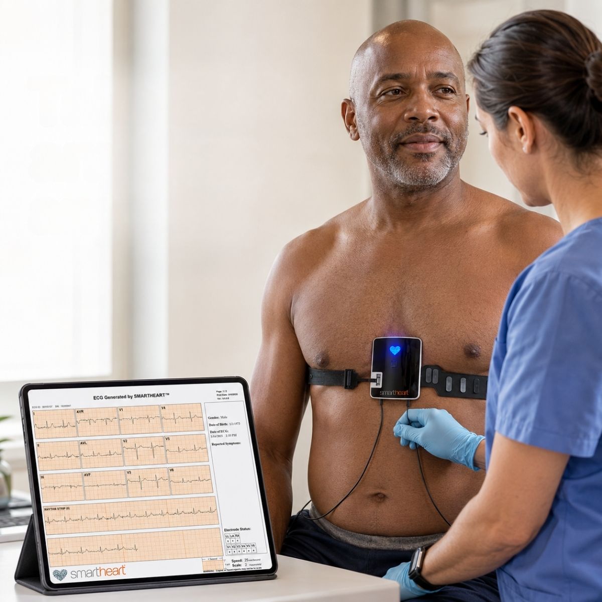 Clinician placing the SmartHeart 12-lead EKG belt on a patient while the tracing appears on a tablet