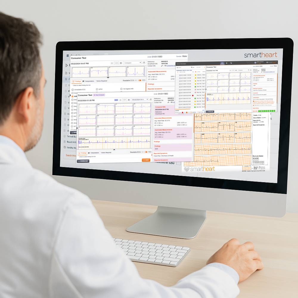 A cardiologist analyzing real-time EKG data from SmartHeart device during patient examination