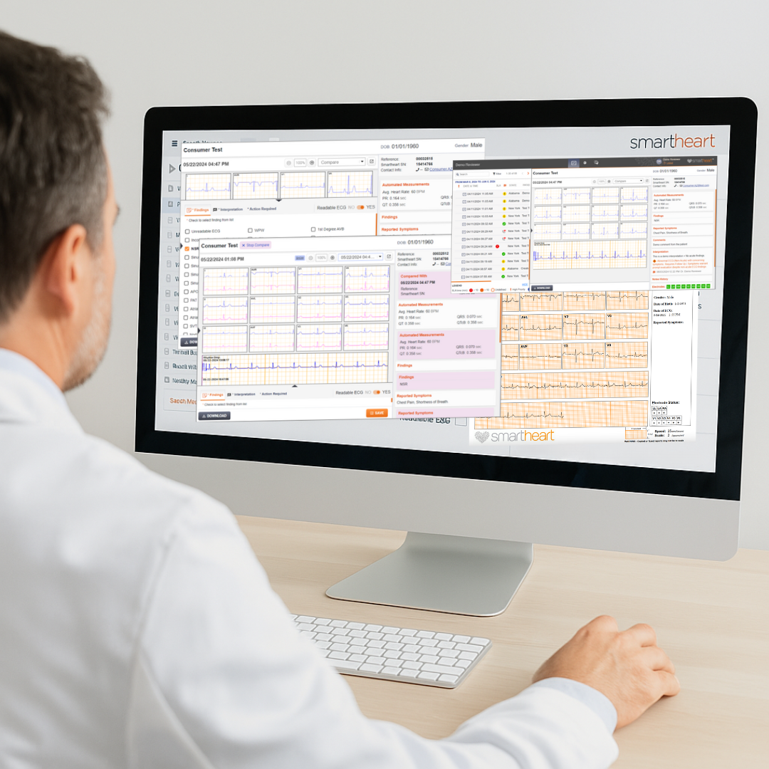 SmartHeart device next to the Clinical Care Platform showing a 12-lead EKG report