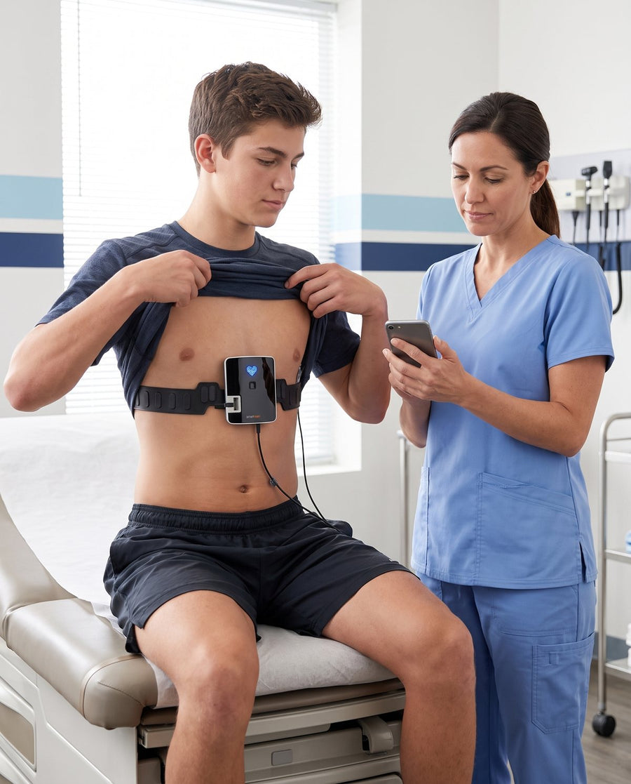 Nurse screening a teen athlete with the SmartHeart 12-lead EKG